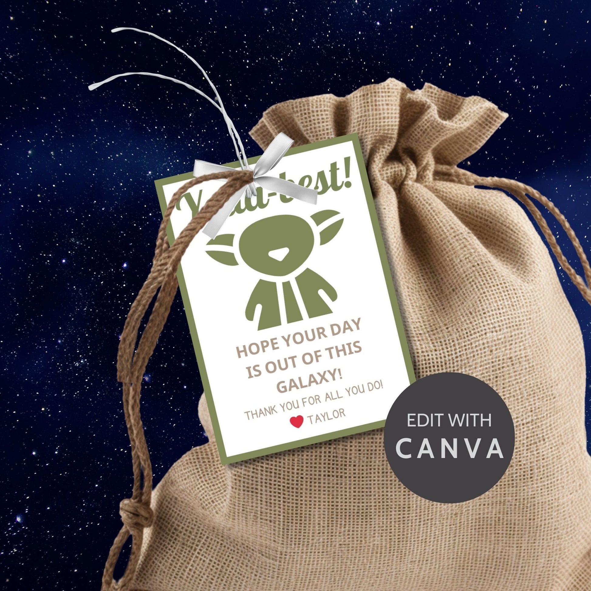 Star Wars-themed gift tags with Yoda-best! Hope Your Day Is Out Of This Galaxy! in green tones, designed to make any recipient feel stellar.