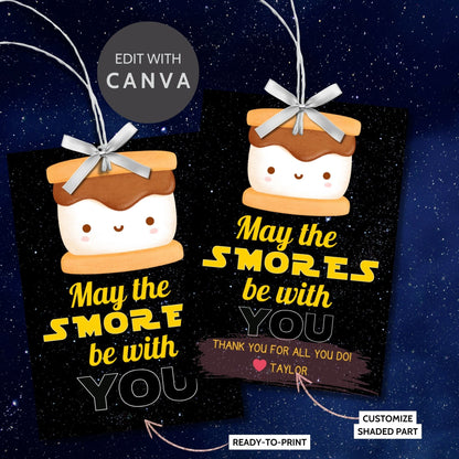 Whimsical May the Smores Be with You gift tags featuring a cute smores design against a starry background, customizable for names, perfect for showing appreciation.