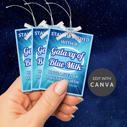 Star Wars-themed gift tags for May the Fourth with blue swirling design background and white text Stay Refreshed with a Galaxy of Blue Milk for a stellar celebration.