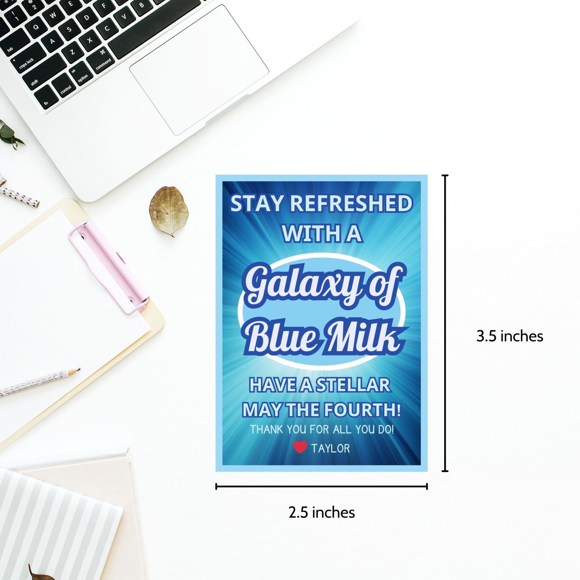 Star Wars-themed gift tags for May the Fourth with blue swirling design background and white text Stay Refreshed with a Galaxy of Blue Milk for a stellar celebration.