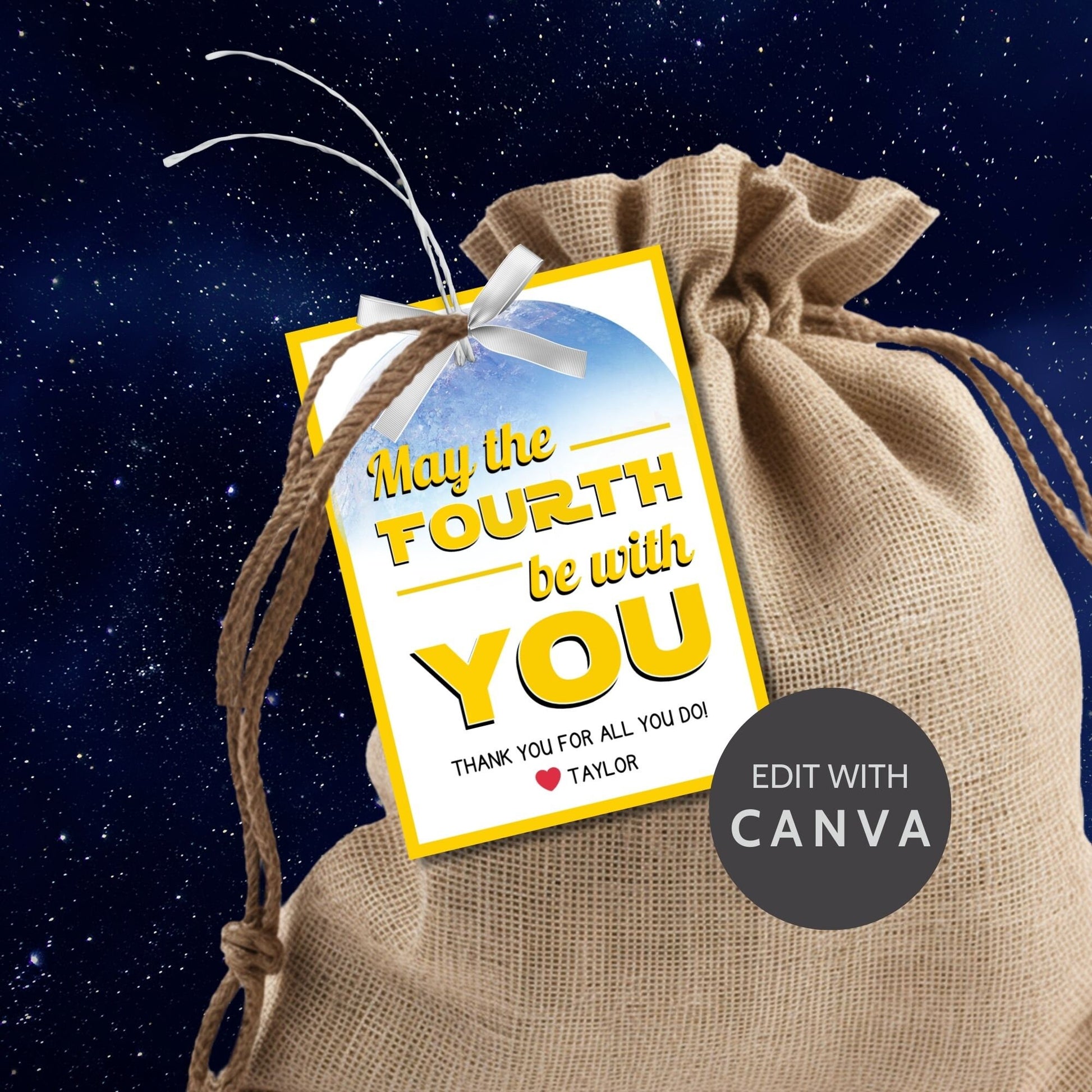 May the Fourth Be with You themed gift tags featuring an Earth-like planet background with space elements. Ideal for showing appreciation on Star Wars Day.