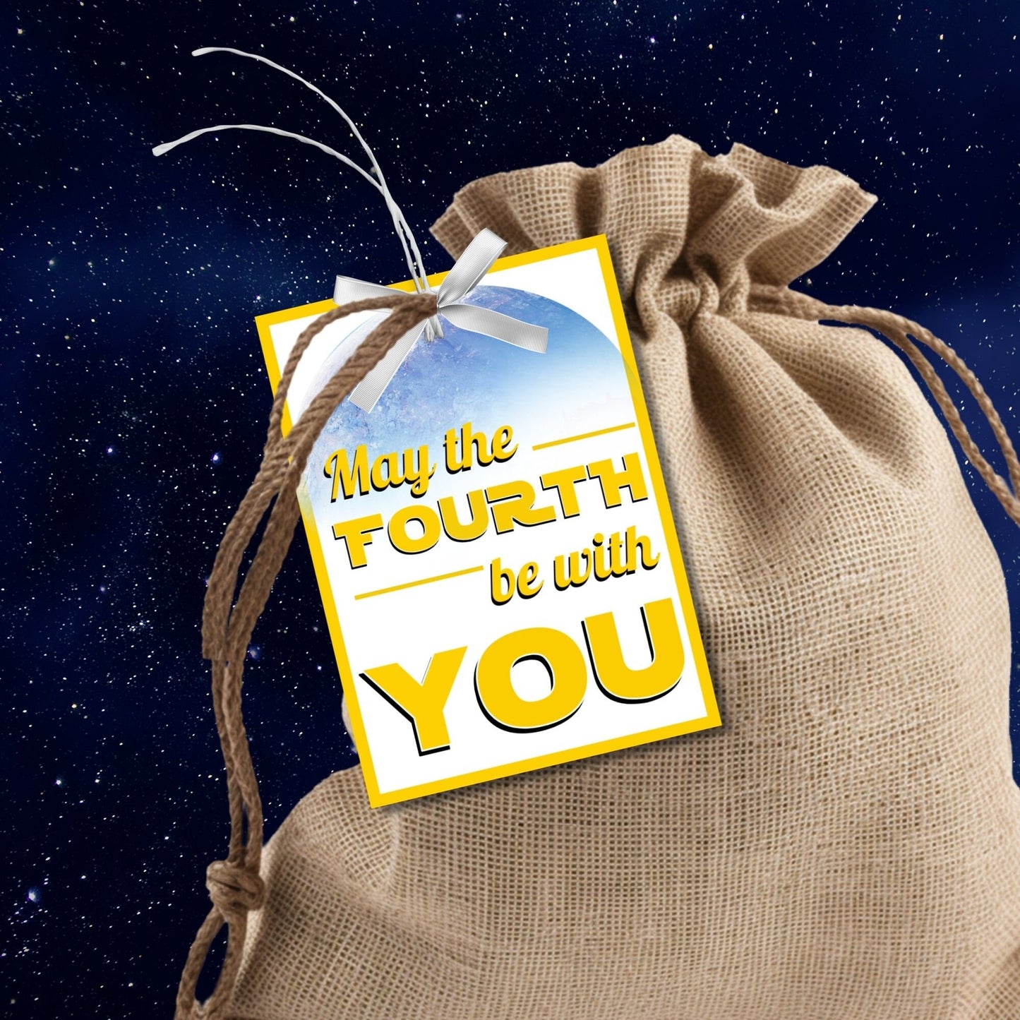 May the Fourth Be with You themed gift tags featuring an Earth-like planet background with space elements. Ideal for showing appreciation on Star Wars Day.