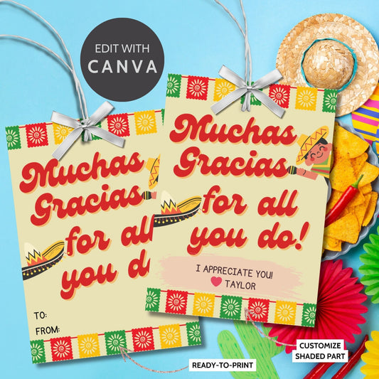 Colorful Muchas Gracias gift tags for Cinco de Mayo in multiple designs with floral and geometric borders, ready-to-print and editable via a Canva link. Ideal for teachers, staff, and more.