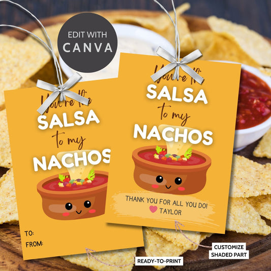 Adorable Youre the Salsa to My Nachos gift tags featuring cute salsa bowls with smiling faces, customizable via an editable Canva link, ideal for Cinco de Mayo appreciation for teachers, staff, and more.