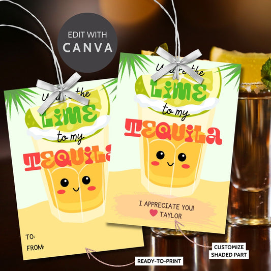 Cheerful Yo&#39;re the Lime to My Tequila gift tags with cute tequila shot glass illustrations, surrounded by palm fronds, ready-to-print and customizable via Canva link, perfect for appreciation and festive events.