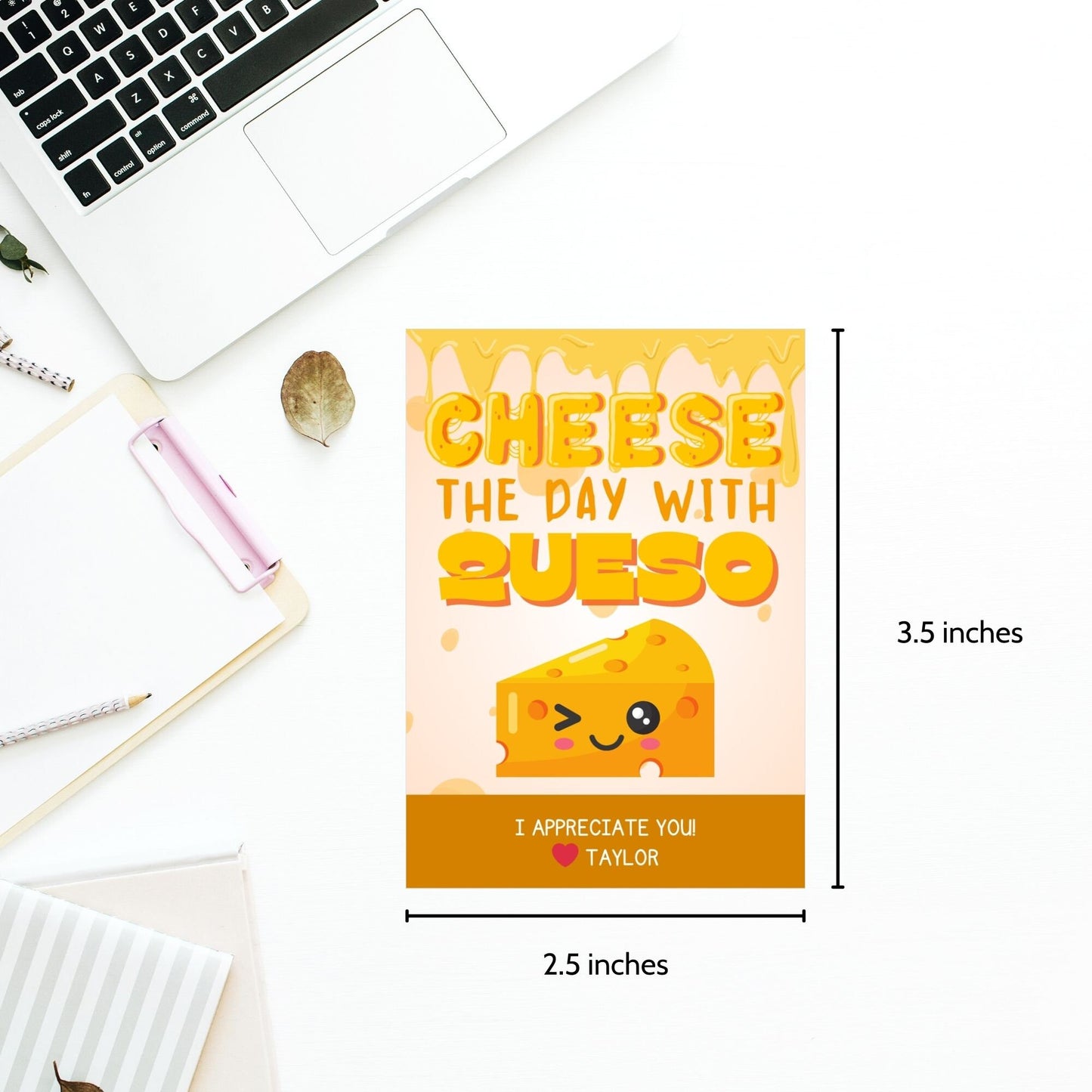 Fun Cheese the Day with Queso gift tags featuring a smiling cheese block character, dripping with melty queso, ready-to-print and editable via a Canva link, ideal for Cinco de Mayo or any festive appreciation event.