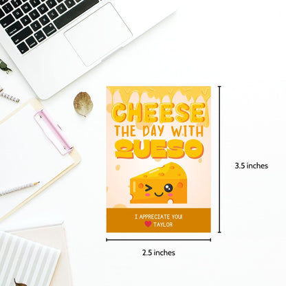 Fun Cheese the Day with Queso gift tags featuring a smiling cheese block character, dripping with melty queso, ready-to-print and editable via a Canva link, ideal for Cinco de Mayo or any festive appreciation event.