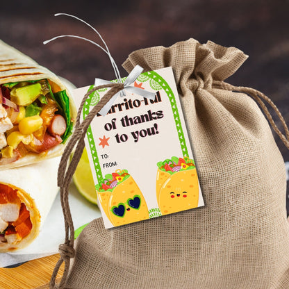 Colorful Burrito-ful of Thanks to You! gift tags featuring cute burrito characters with sunglasses, surrounded by a festive green border, ready-to-print and editable via Canva link, perfect for any appreciation event or Cinco de Mayo.