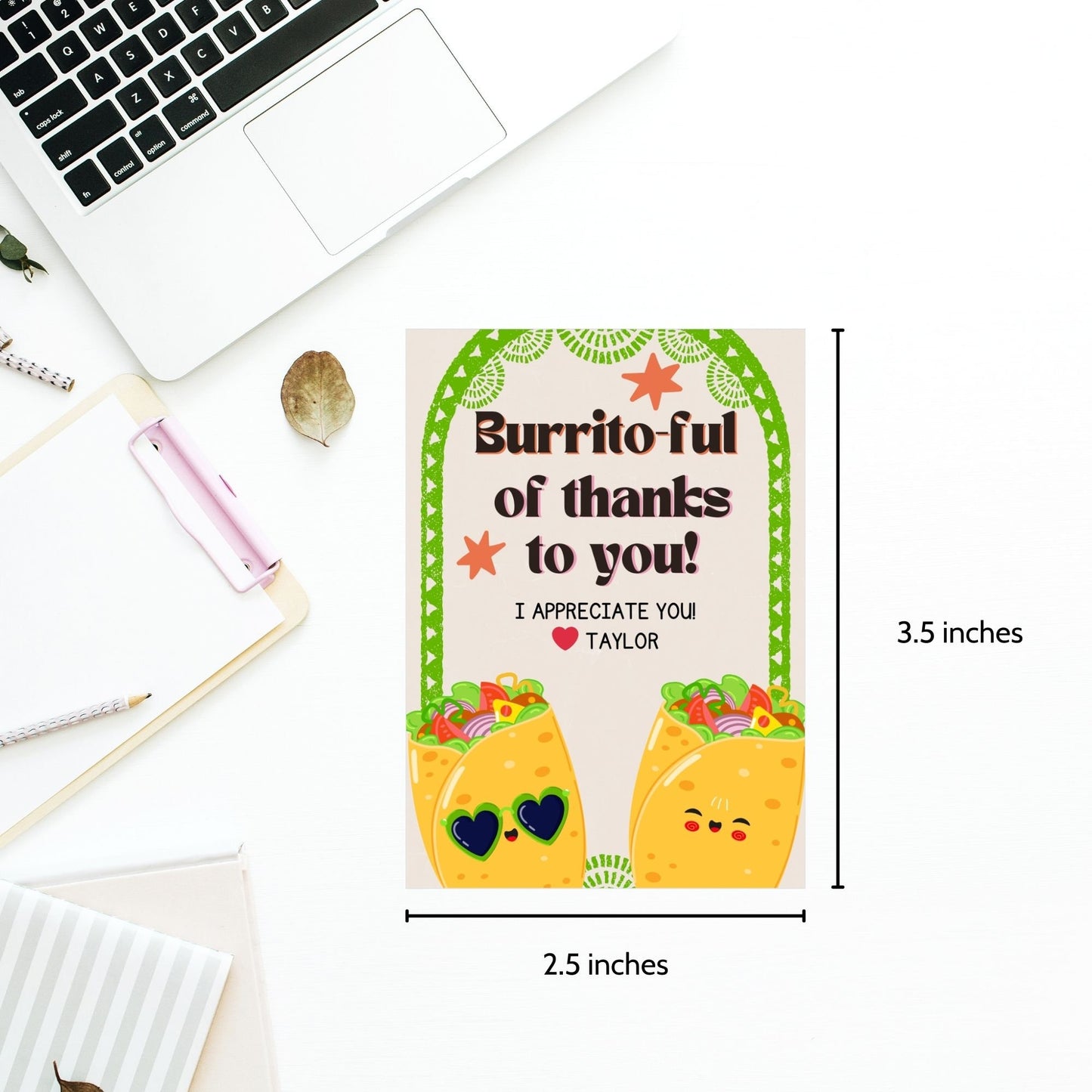 Colorful Burrito-ful of Thanks to You! gift tags featuring cute burrito characters with sunglasses, surrounded by a festive green border, ready-to-print and editable via Canva link, perfect for any appreciation event or Cinco de Mayo.