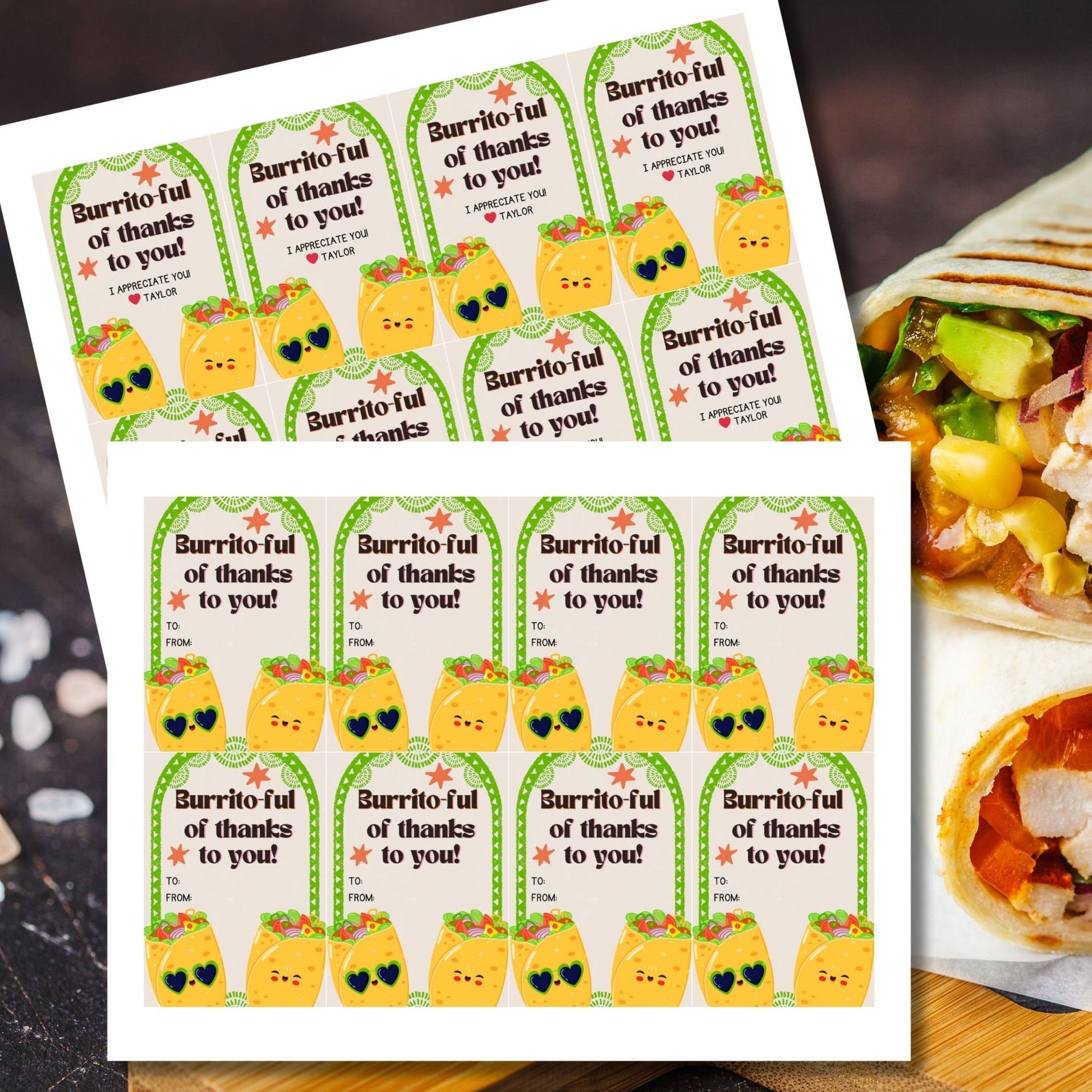 Colorful Burrito-ful of Thanks to You! gift tags featuring cute burrito characters with sunglasses, surrounded by a festive green border, ready-to-print and editable via Canva link, perfect for any appreciation event or Cinco de Mayo.