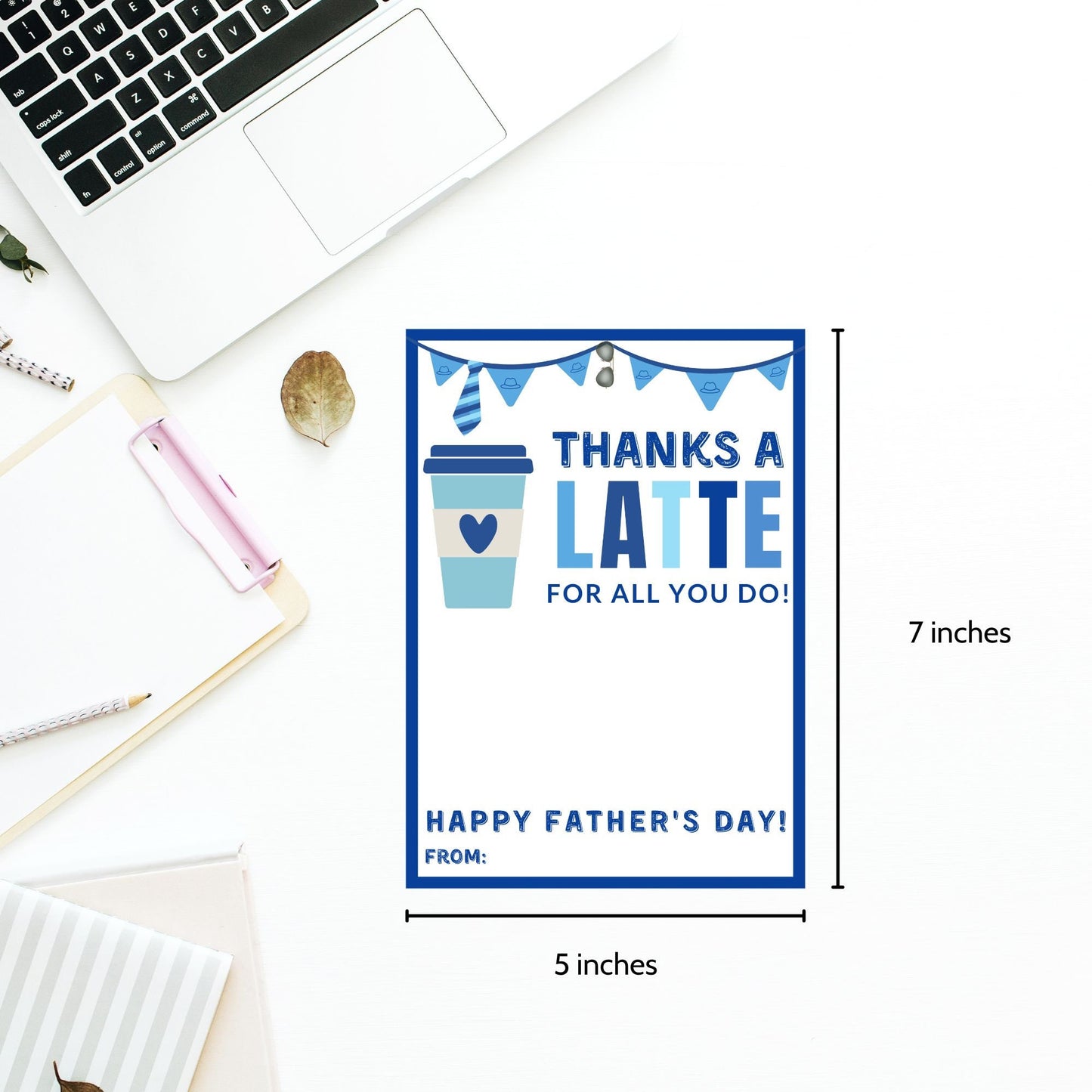 Fathers Day coffee card holder with Thanks a LATTE for all you do! in blue, featuring a coffee cup with a heart, banners, and customizable from space. Fits 5x7 on 8.5x11 paper.