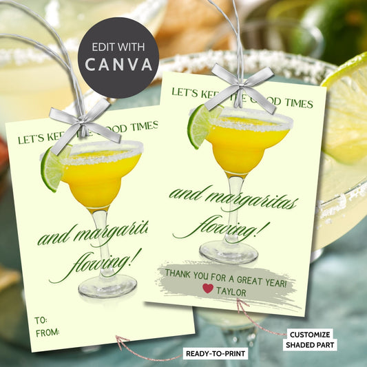 A sheet of light green gift tags with the text Lets keep the good times and margaritas flowing! in elegant green letters, featuring a margarita glass with a lime wedge and a customizable message that says Thank you for a great year! ❤️ Taylor.