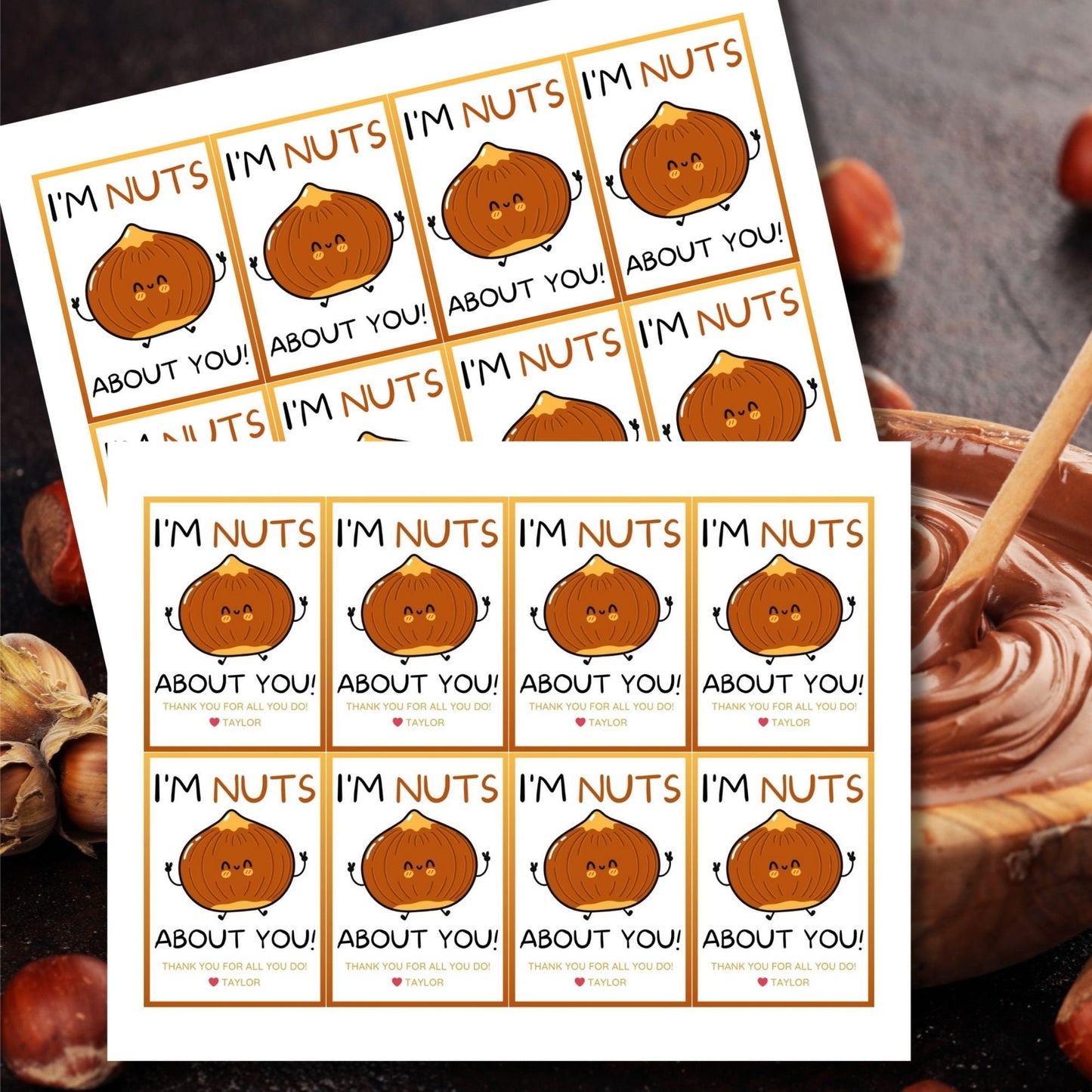 Im Nuts About You! appreciation gift tags featuring a cute cartoon hazelnut with arms, eyes, and a smile, bordered by an orange frame on a white background, ready for personalization.