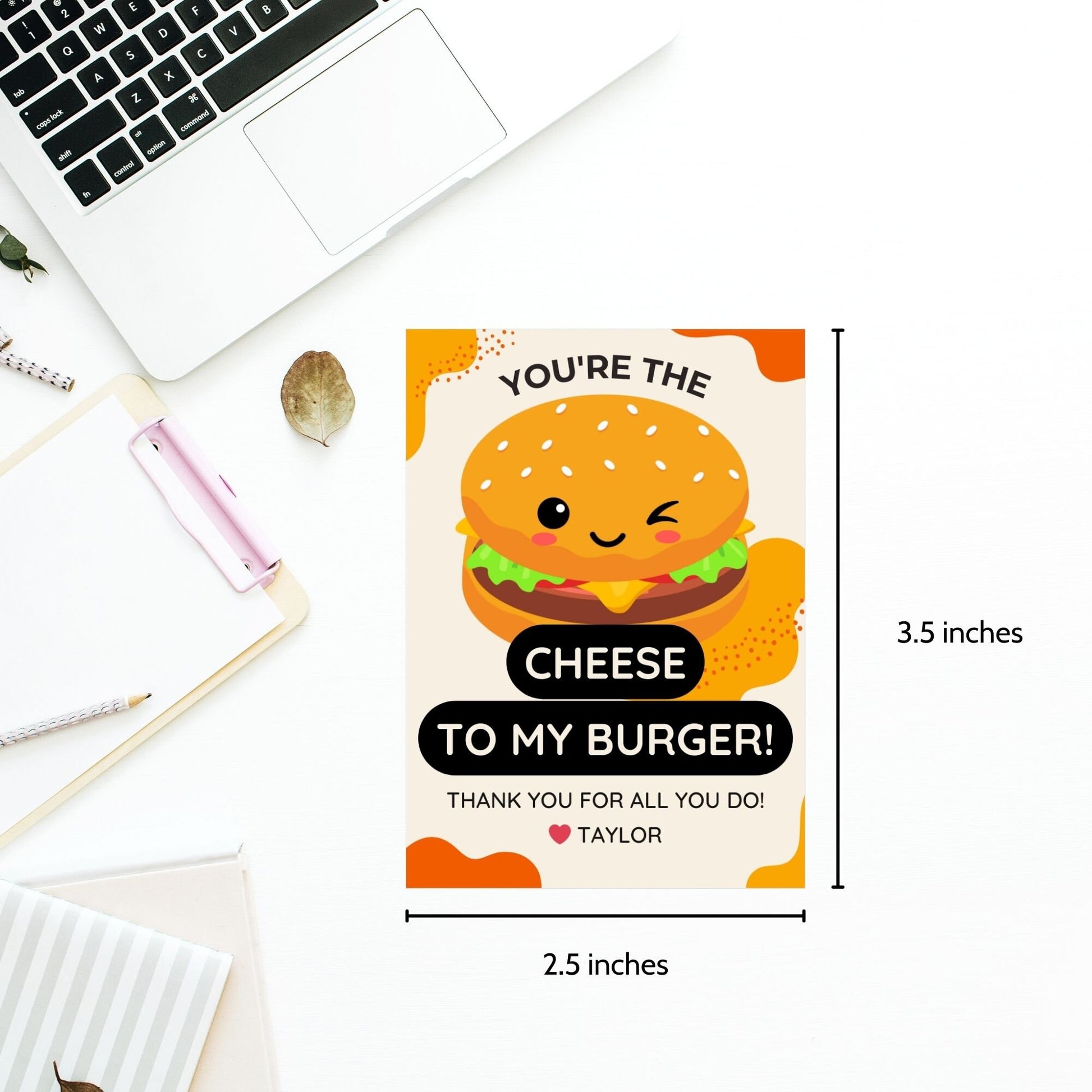 Colorful gift tags with a cute burger cartoon and text saying Youre the Cheese to My Burger! Thank you for all you do! Ideal for appreciating someone special.