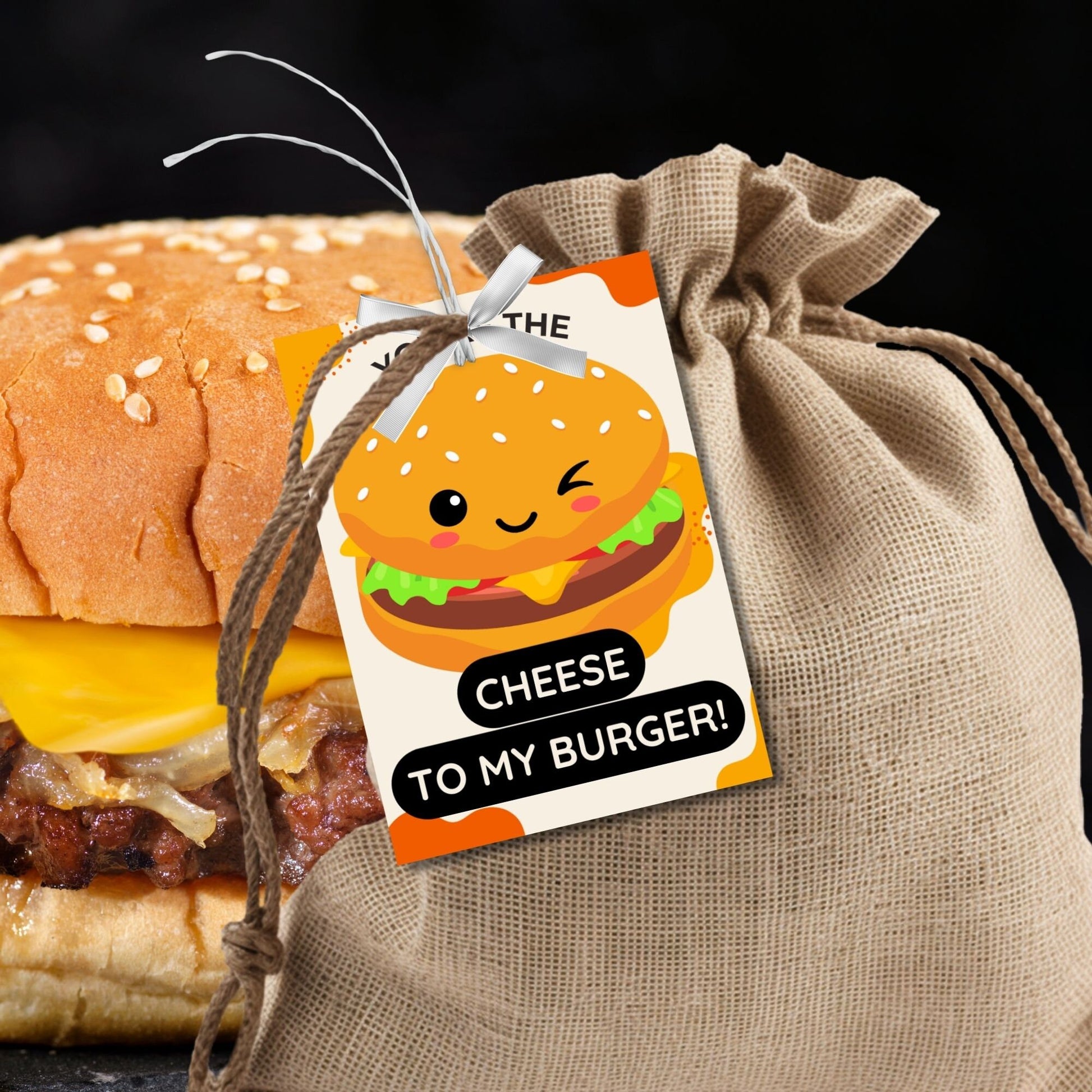 Colorful gift tags with a cute burger cartoon and text saying Youre the Cheese to My Burger! Thank you for all you do! Ideal for appreciating someone special.