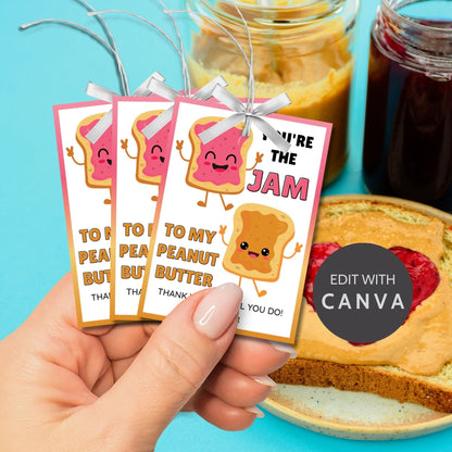 Vibrant appreciation gift tags featuring a happy jam and peanut butter cartoon, with text Youre the Jam to My Peanut Butter! Thank you for all you do! Ideal for personalizing gratitude.