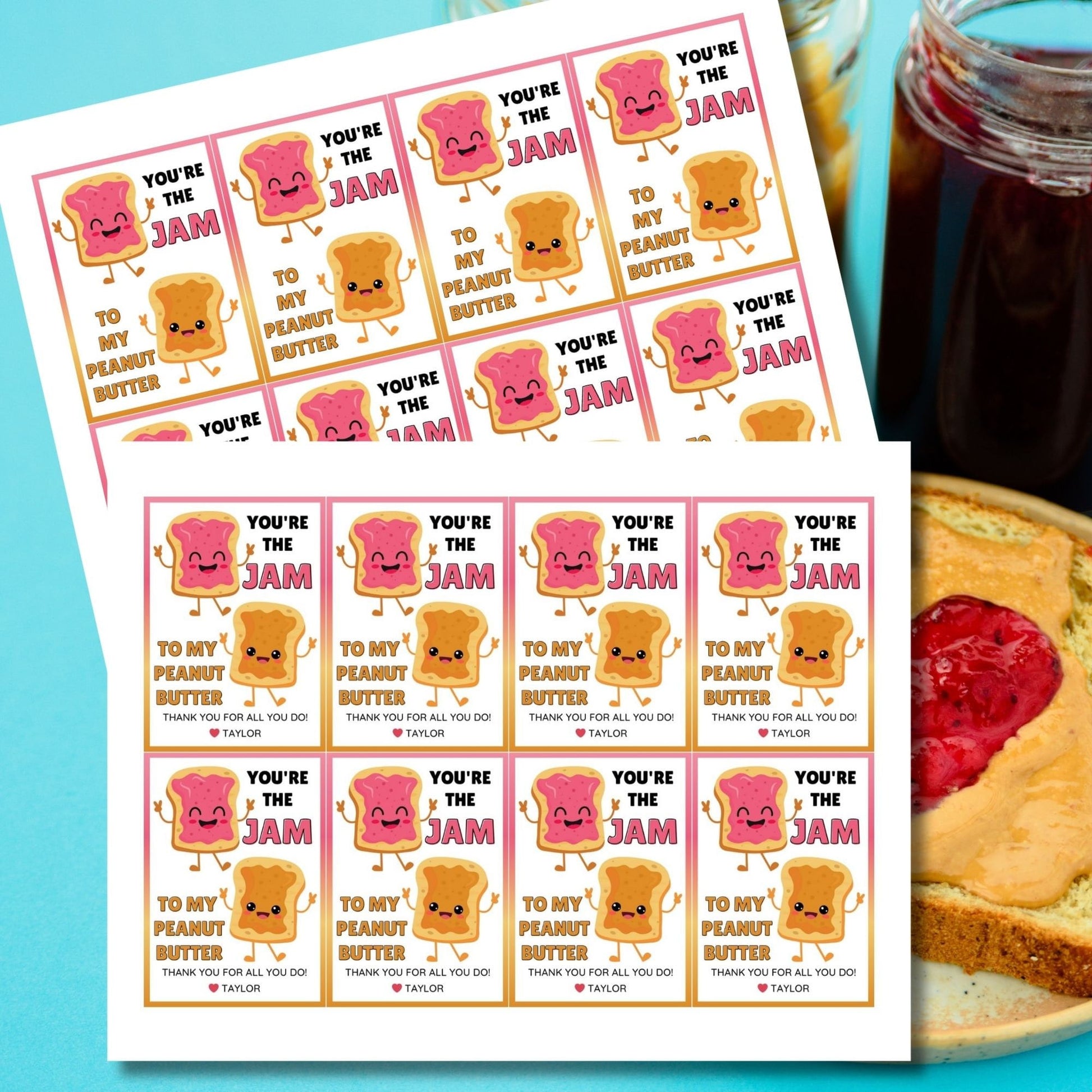 Vibrant appreciation gift tags featuring a happy jam and peanut butter cartoon, with text Youre the Jam to My Peanut Butter! Thank you for all you do! Ideal for personalizing gratitude.