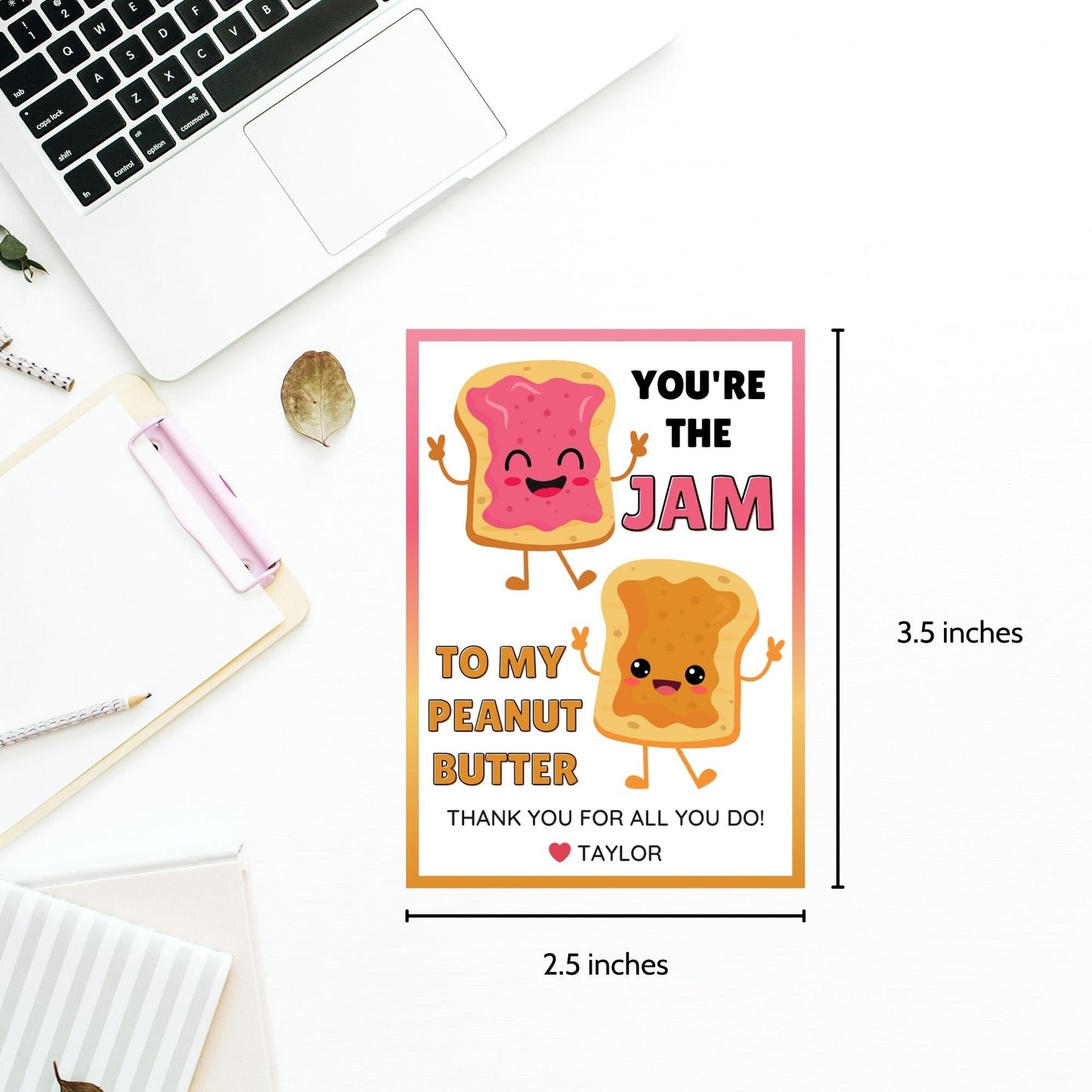 Vibrant appreciation gift tags featuring a happy jam and peanut butter cartoon, with text Youre the Jam to My Peanut Butter! Thank you for all you do! Ideal for personalizing gratitude.