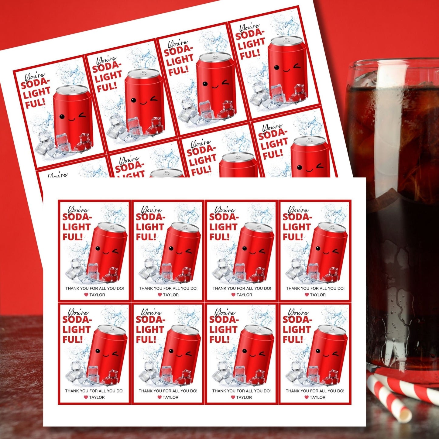 Appreciation gift tags featuring a smiling red soda can surrounded by ice cubes, with the playful text Youre SODA-lightful! Thank you for all you do! Ideal for spreading cheer.