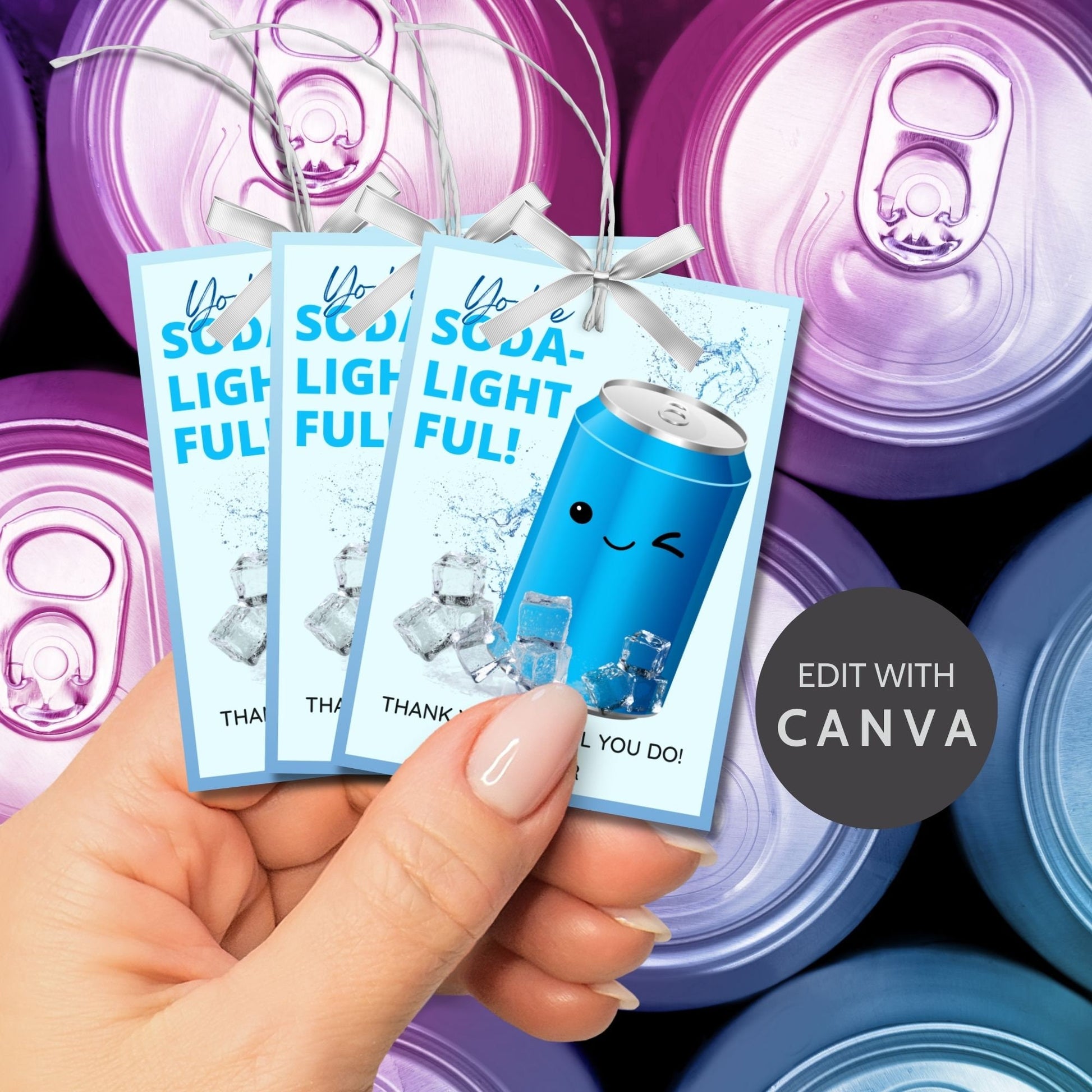 Appreciation gift tags featuring a smiling blue soda can surrounded by ice cubes, with the playful text Youre SODA-lightful! Thank you for all you do! Ideal for spreading cheer.