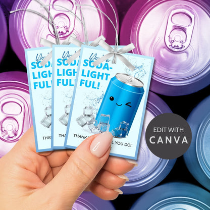 Appreciation gift tags featuring a smiling blue soda can surrounded by ice cubes, with the playful text Youre SODA-lightful! Thank you for all you do! Ideal for spreading cheer.