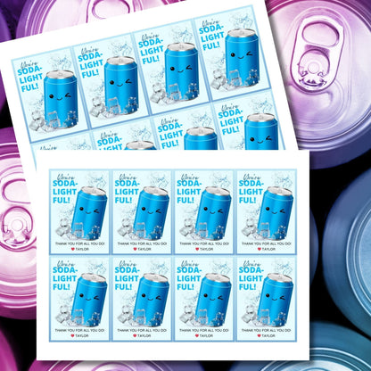 Appreciation gift tags featuring a smiling blue soda can surrounded by ice cubes, with the playful text Youre SODA-lightful! Thank you for all you do! Ideal for spreading cheer.