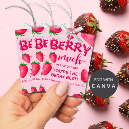 Colorful strawberry-themed appreciation gift tags with playful text Berry Much in Awe of You! Youre the Berry Best! Berry Thankful for All You Do! Ideal for personalizing heartfelt thanks.