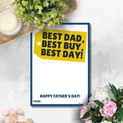 Fathers Day card in yellow and blue with Best Dad, Best Buy, Best Day! message, ideal for accompanying a Best Buy gift card. Space for personalization below.