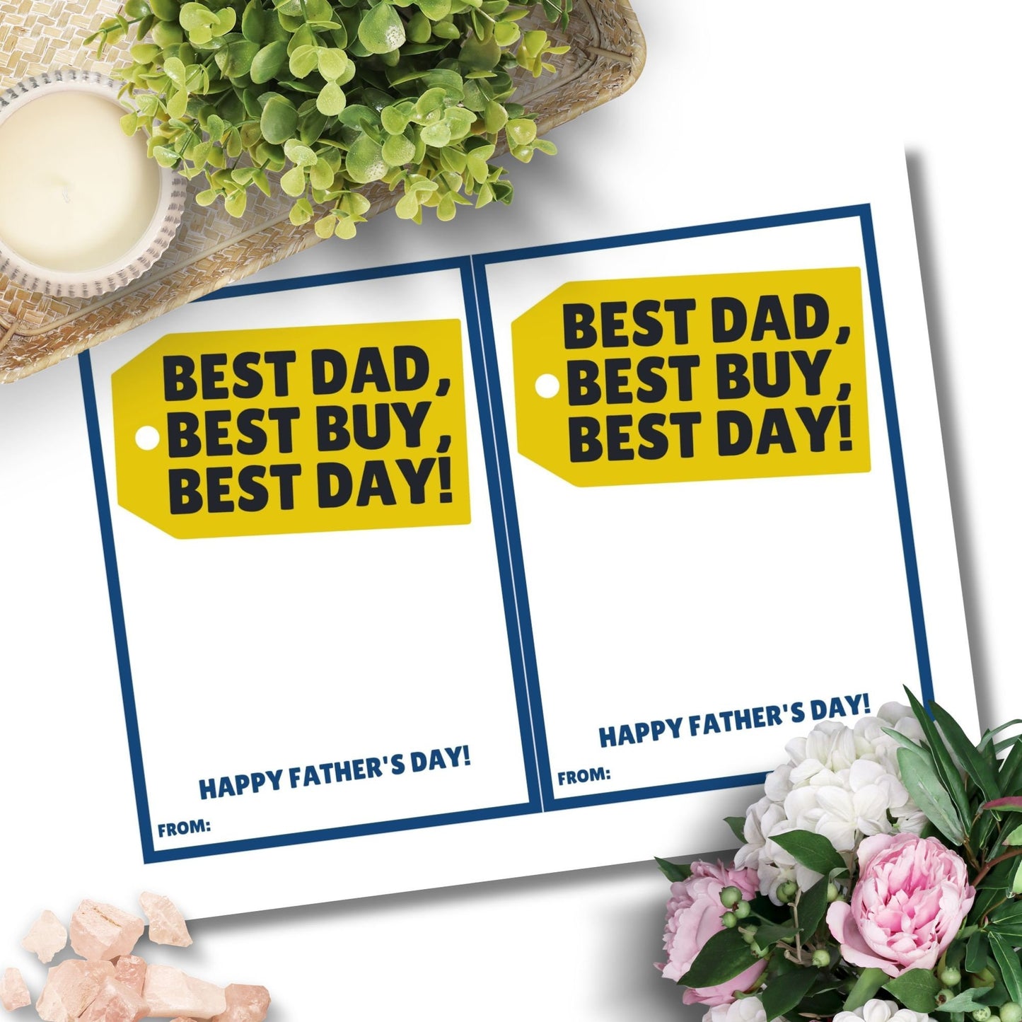 Fathers Day card in yellow and blue with Best Dad, Best Buy, Best Day! message, ideal for accompanying a Best Buy gift card. Space for personalization below.