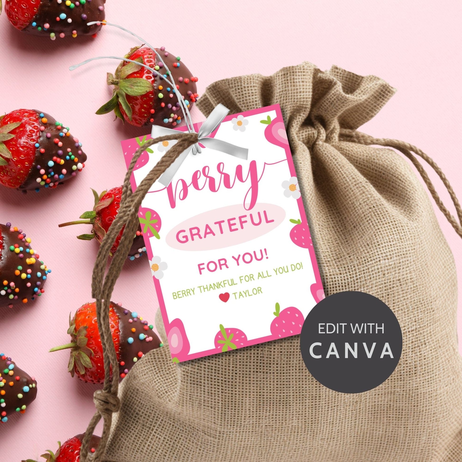 Cheerful pink gift tags adorned with strawberries and the phrase Berry Grateful For You! Berry thankful for all you do! Perfect for adding a heartfelt touch to any gift.