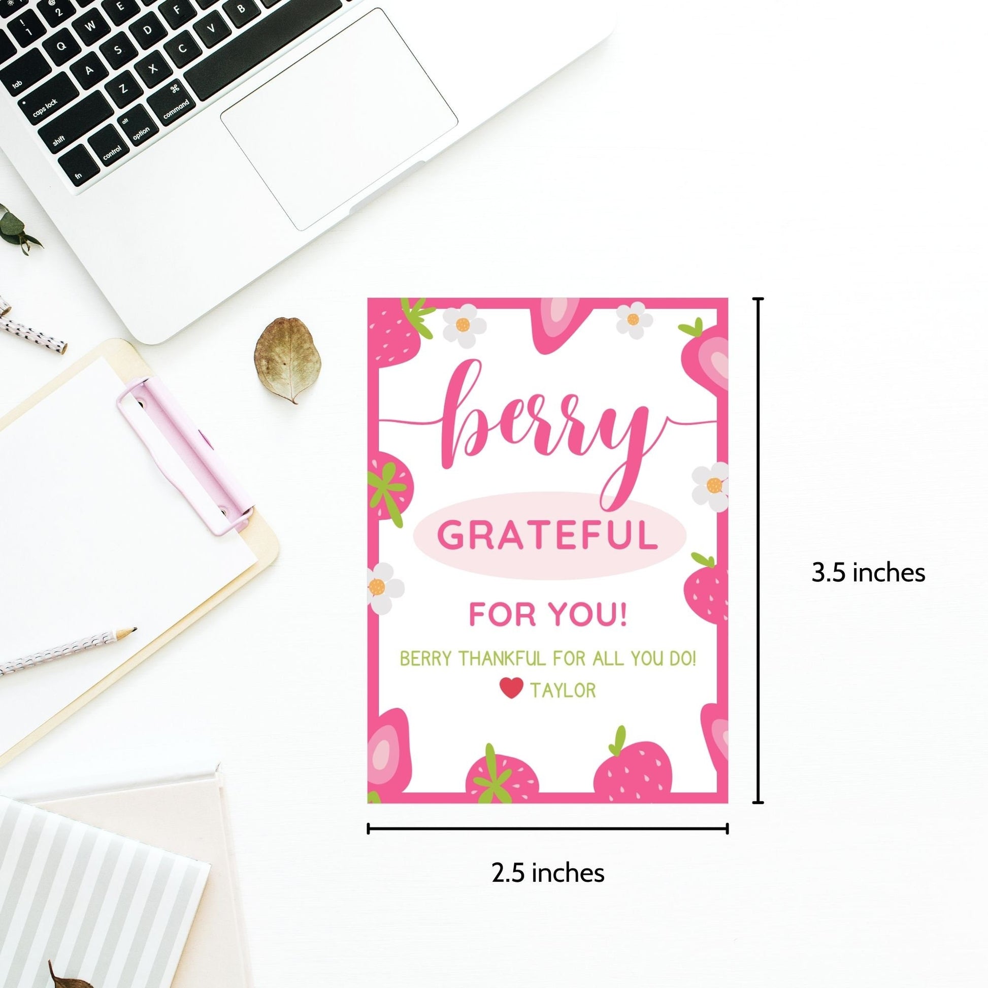 Cheerful pink gift tags adorned with strawberries and the phrase Berry Grateful For You! Berry thankful for all you do! Perfect for adding a heartfelt touch to any gift.