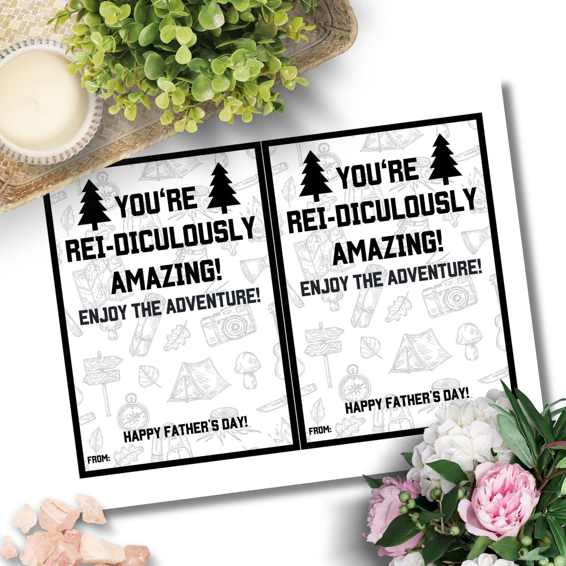 Black and white Fathers Day card featuring Youre REI-diculously Amazing! Enjoy the Adventure! with outdoor-themed illustrations. Ideal for pairing with an REI gift card.