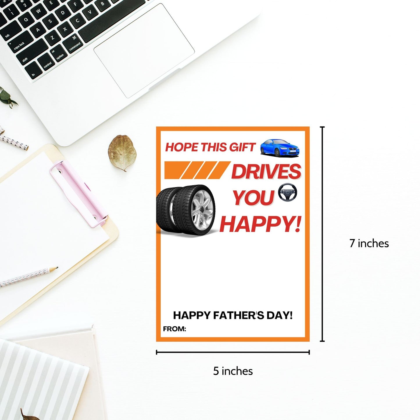 Fathers Day card with a sports car and tires, featuring Hope this gift DRIVES you happy! message, ideal for pairing with an AutoZone gift card.