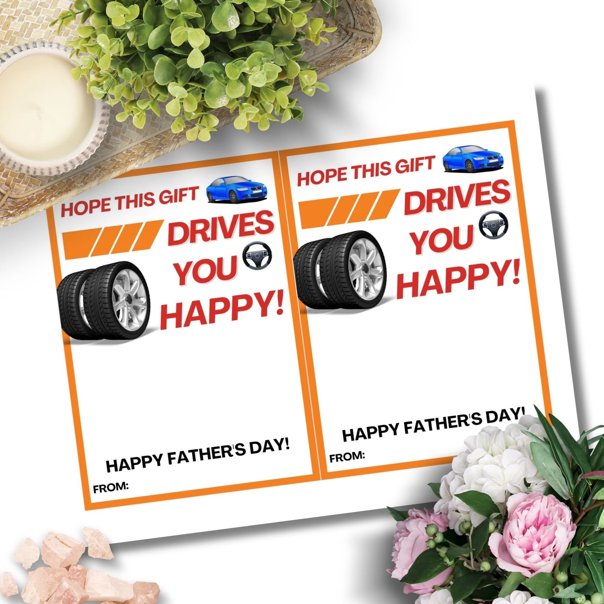 Fathers Day card with a sports car and tires, featuring Hope this gift DRIVES you happy! message, ideal for pairing with an AutoZone gift card.