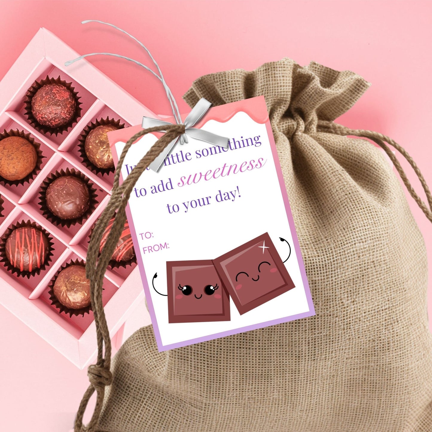 Printable Mothers Day gift tags featuring cute chocolate bar cartoons with the text Just a little something to add sweetness to your day! Love you, Mom! Happy Mother&#39;s Day! in a pink and white design