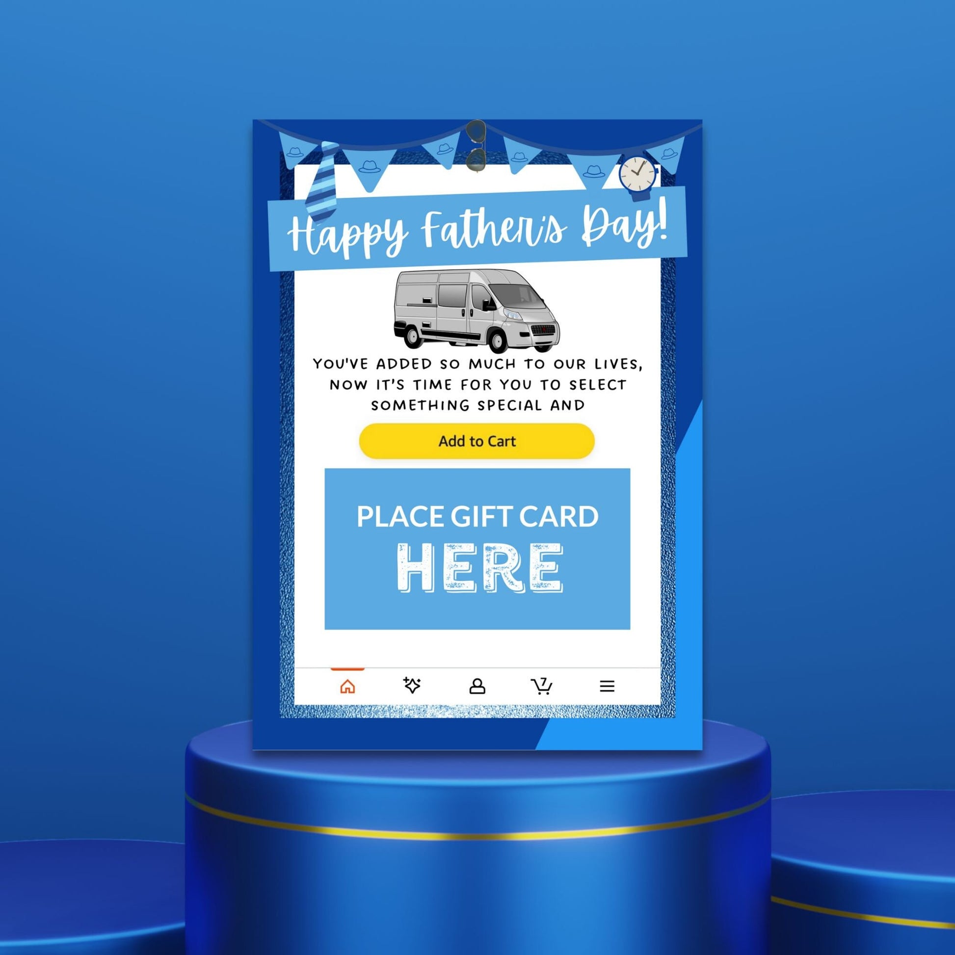 Fathers Day card themed with an Amazon shopping concept, featuring a delivery van and an Add to Cart button, ideal for pairing with an Amazon gift card.