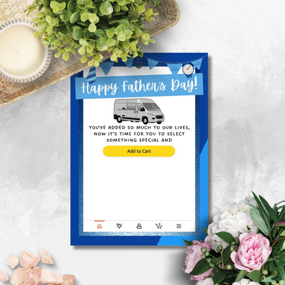 Fathers Day card themed with an Amazon shopping concept, featuring a delivery van and an Add to Cart button, ideal for pairing with an Amazon gift card.