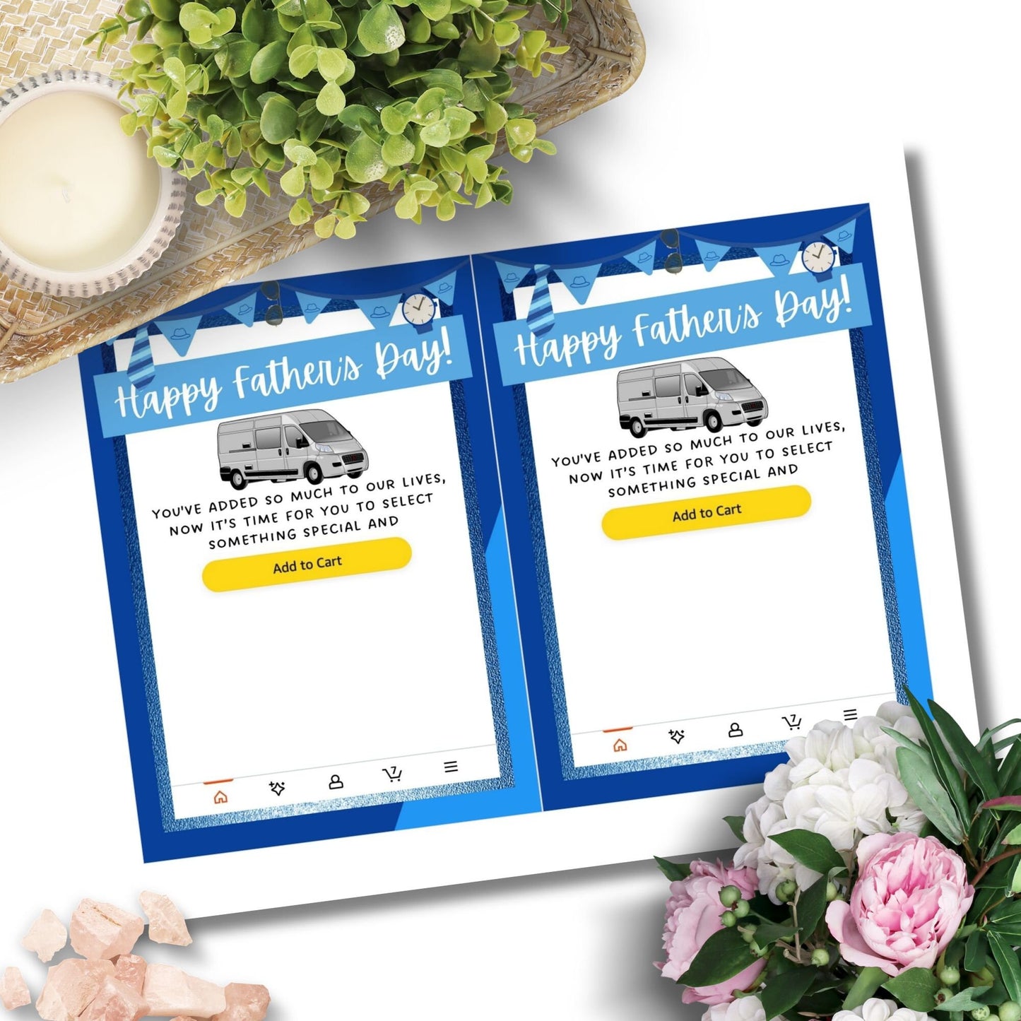 Fathers Day card themed with an Amazon shopping concept, featuring a delivery van and an Add to Cart button, ideal for pairing with an Amazon gift card.