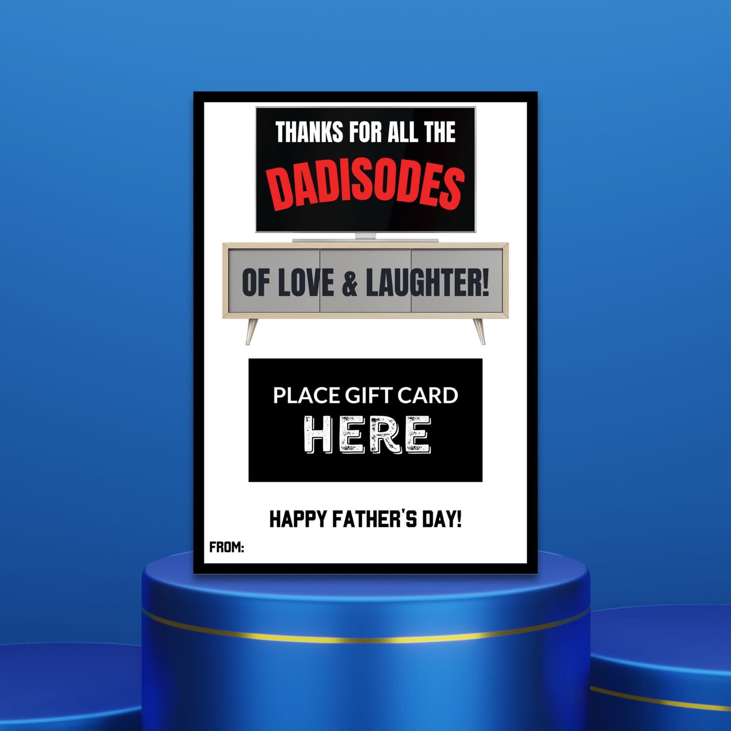 Fathers Day card with a TV screen design, featuring the text Thanks for all the DADISODES of love & laughter! Perfect for dads who love Netflix or as a companion to a Netflix gift subscription.