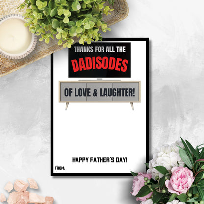 Fathers Day card with a TV screen design, featuring the text Thanks for all the DADISODES of love & laughter! Perfect for dads who love Netflix or as a companion to a Netflix gift subscription.