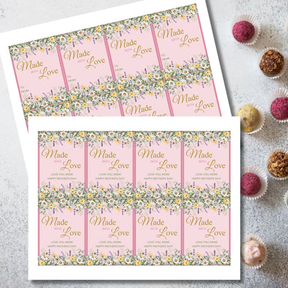 Gift tags with a floral design and the message Made with Love, Love you, Mom! Happy Mothers Day! on a pink background, ideal for Mothers Day and appreciation gifts.