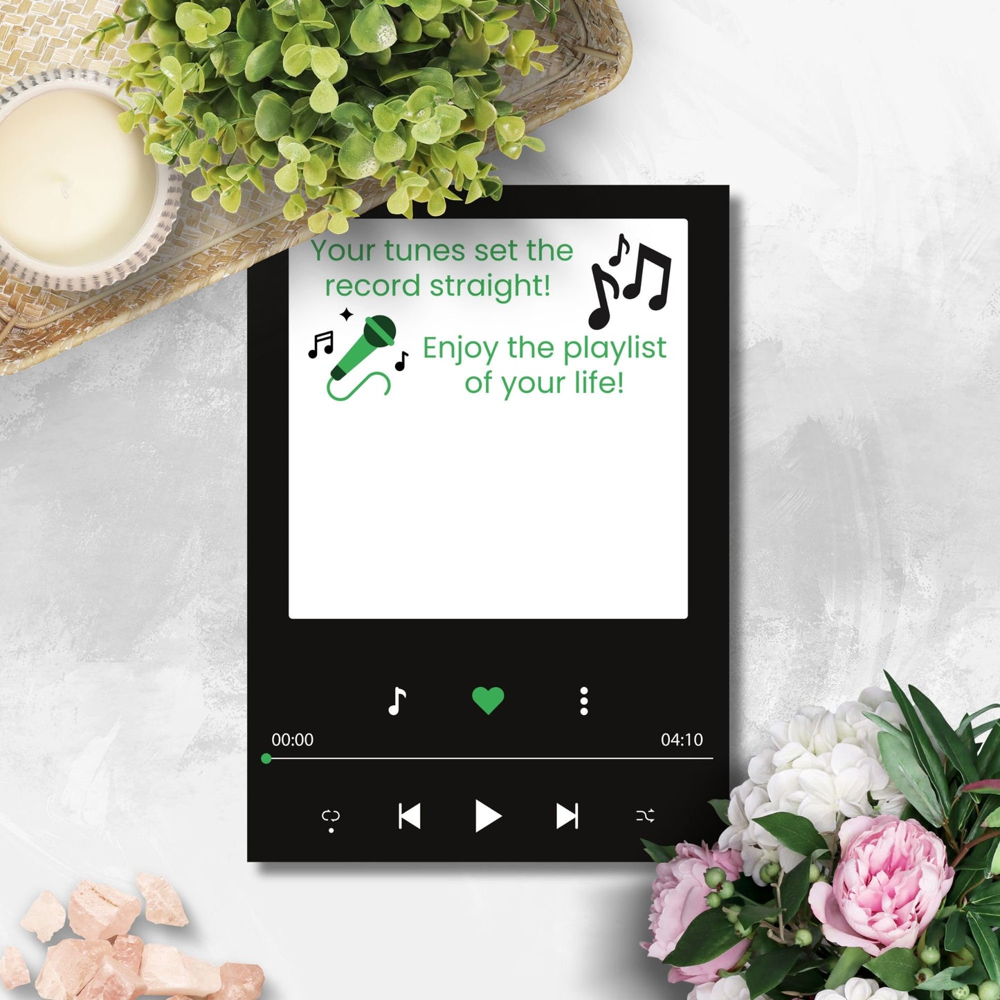 Fathers Day card resembling a music player interface with Your tunes set the record straight! Enjoy the playlist of your life!&#39; message, ideal for dads who love music or Spotify.