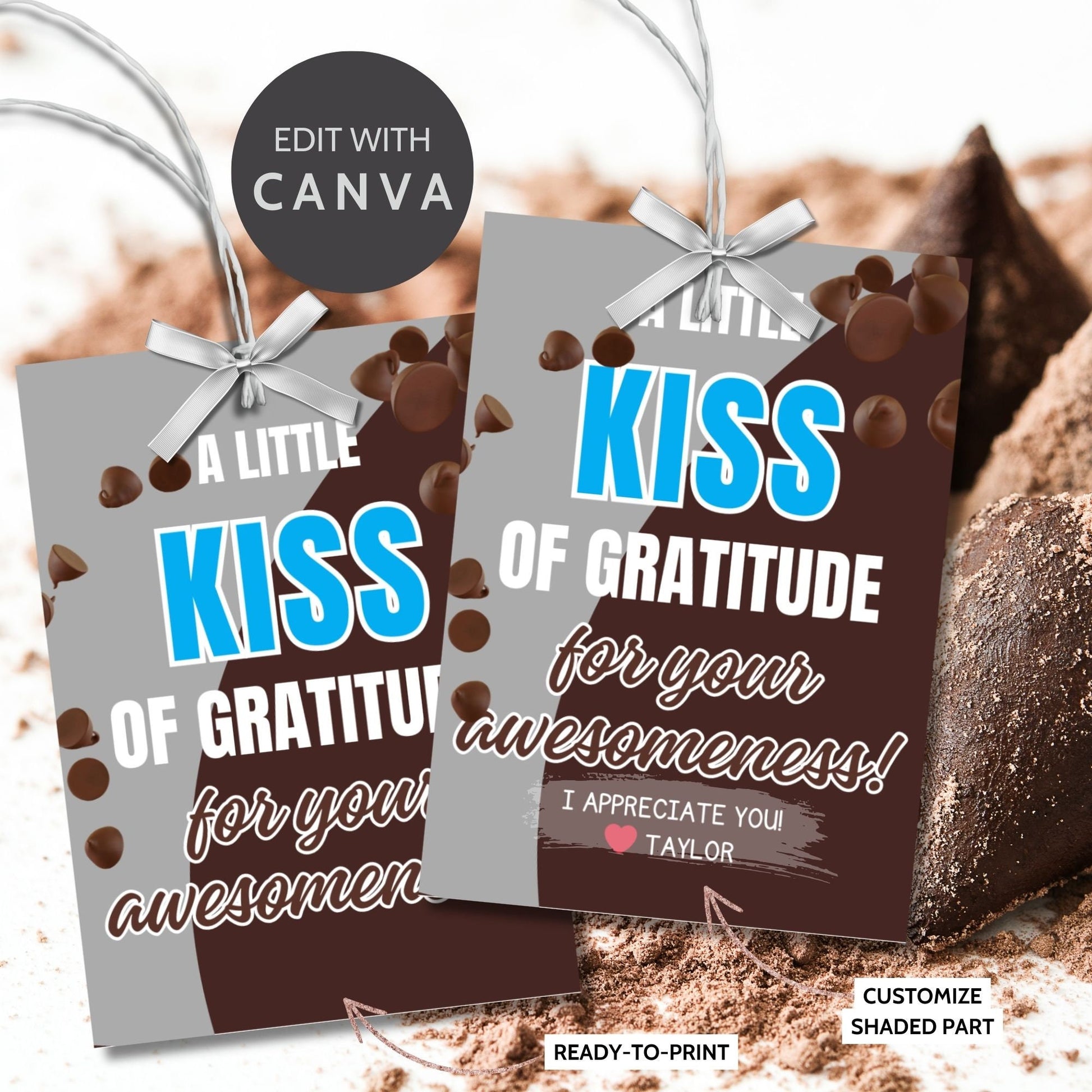 Image featuring A LITTLE KISS OF GRATITUDE for your awesomeness! Tags can be customized with recipient names and are perfect for showing appreciation to teachers, staff, nurses, and more.