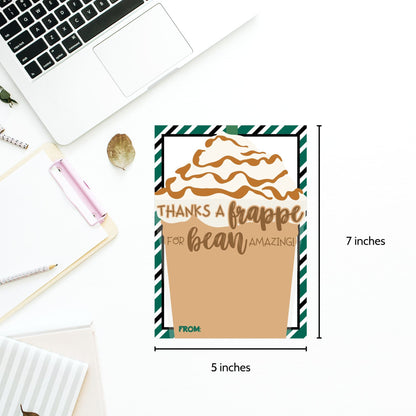 Fathers Day card featuring a frappuccino illustration with Thanks a frappe for bean amazing! pun, ideal for pairing with a Starbucks coffee card.