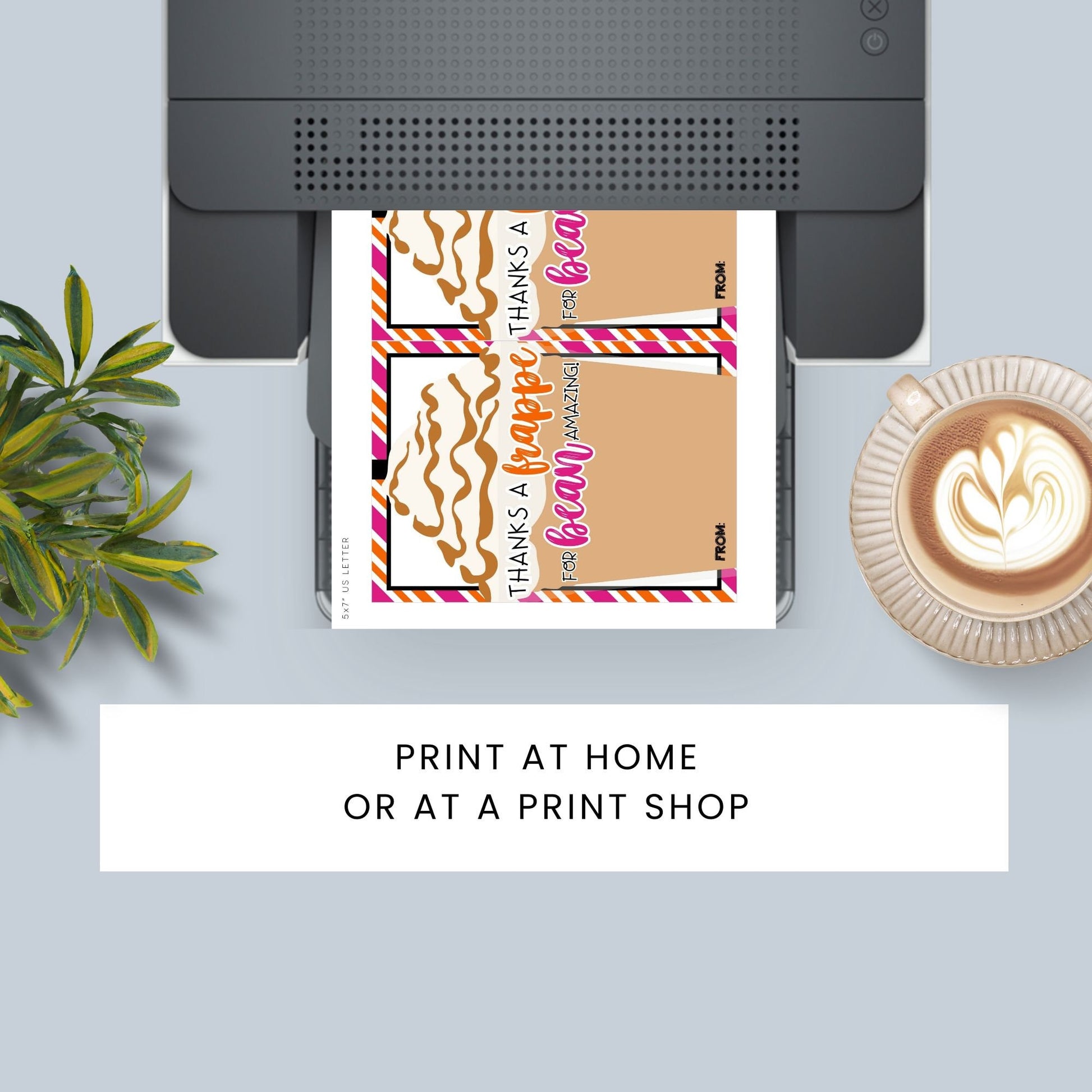 Greeting card with a frappe illustration and Thanks a frappe for bean amazing! message, perfect for pairing with a Dunkin Donuts frappe gift card.