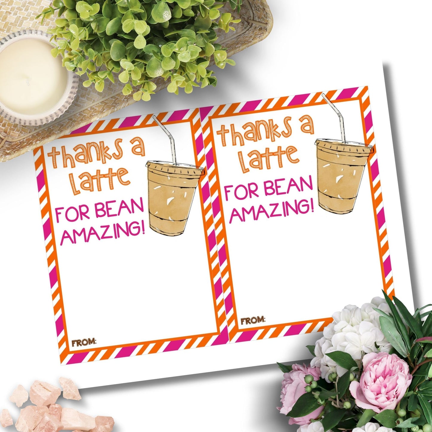 Greeting card with an iced latte illustration and Thanks a latte for bean amazing! pun, ideal for pairing with a Dunkin Donuts gift card for an iced latte.