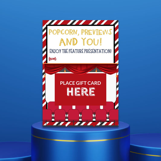 Movie-themed gift card holder featuring a cinema screen and theater seating with the text Popcorn, Previews and You! Enjoy the feature presentation!, ideal for movie theater or streaming service gift cards.