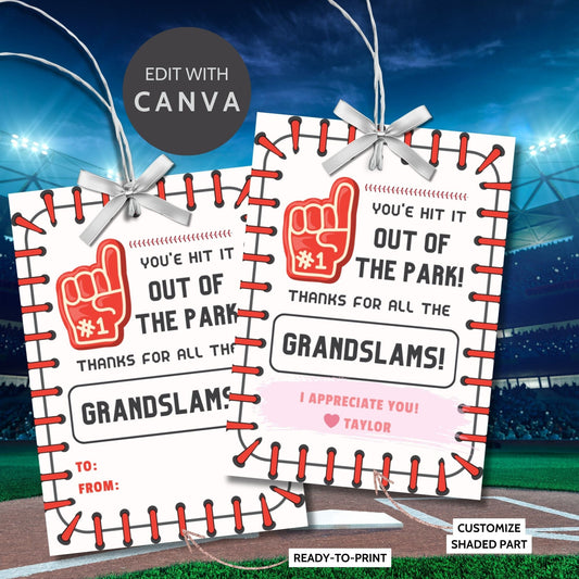 Image showcasing YOUVE HIT IT OUT OF THE PARK! THANKS FOR ALL THE GRANDSLAMS! Tags have customizable names and are perfect for baseball-themed appreciation gifts to teachers, staff, and more.