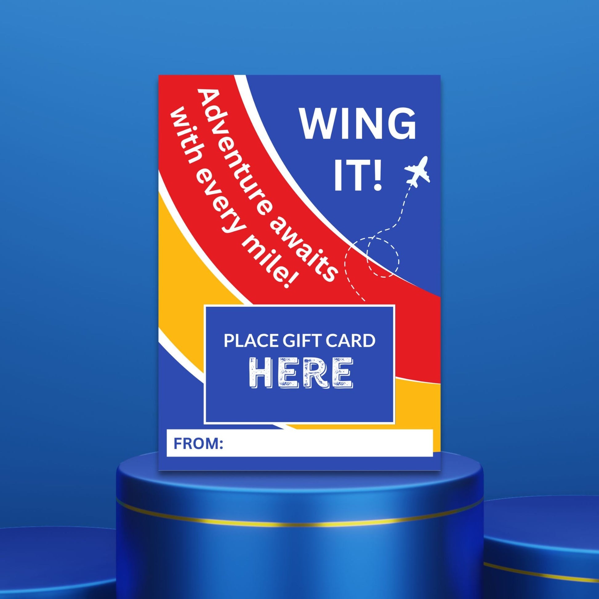 Colorful travel-themed card with Wing It! Adventure awaits with every mile! message and an airplane graphic, ideal for pairing with a Southwest Airlines gift card.