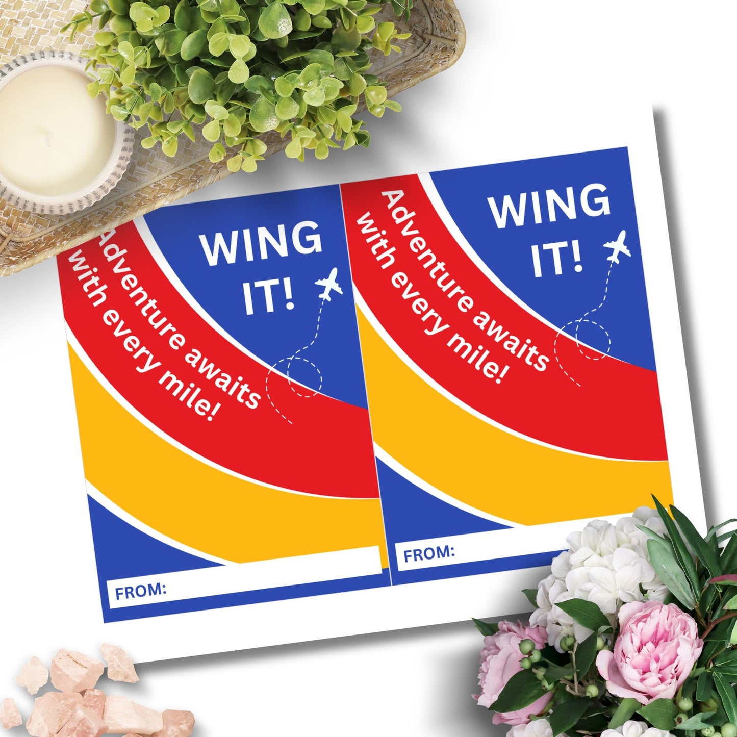 Colorful travel-themed card with Wing It! Adventure awaits with every mile! message and an airplane graphic, ideal for pairing with a Southwest Airlines gift card.